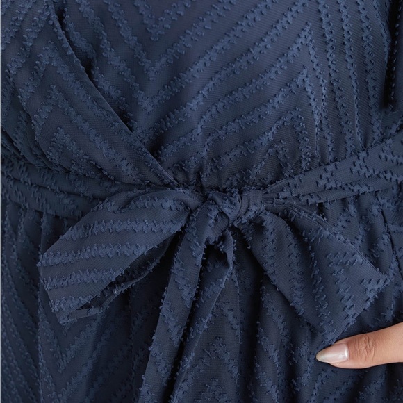 Bloomchic Plain Geometric Pocket Mesh Ruffle Sleeve Belted Wrap Dress - Picture 7 of 9